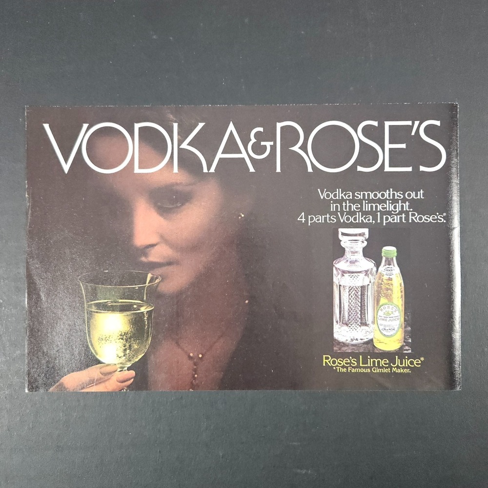 1982 Vodka & Rose's Lime Juice Gimlet Maker Vintage Print Ad Woman Sipping Drink